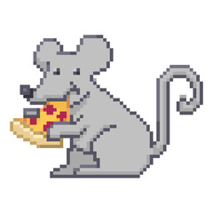 Pixel illustration of a mouse eating a pizza