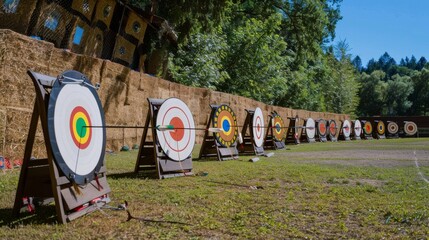 Archery range with meticulously aligned targets and arrows, bows and arrows ready for use, Traditional sporting style