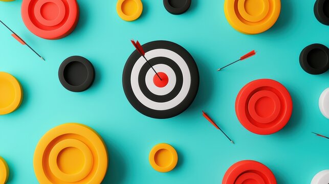 An abstract composition of target icons in various sizes and colors, symbolizing the diverse applications of targeting in fields like marketing, technology, and gaming.