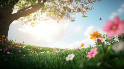 Fototapeta premium A meadow bursting with colorful wildflowers, butterflies fluttering among the blossoms, and lush green grass swaying gently in the warm breeze.
