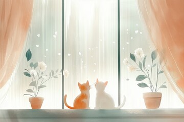 Illustration of two little kittens on windowsill with potted plants looking out the window in pastel colors