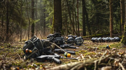 Obraz premium Carefully organized paintball equipment in a dense forest, markers and masks laid out ready for a game, Exciting outdoor game style