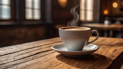Fototapeta premium Steaming Cup of Coffee on Rustic Wooden Table.