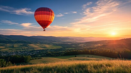 Obraz premium A hot air balloon floating over a picturesque valley at sunrise.