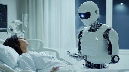 A humanoid robot assisting a doctor in a hospital.