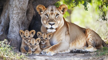 Obraz premium A lioness with her cubs resting under a tree in the African savannah, showcasing familial bonds in the wild.
