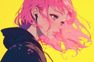 Fototapeta premium Anime Illustration. Anime Girl with Pink Hair and Headphones on Yellow Background