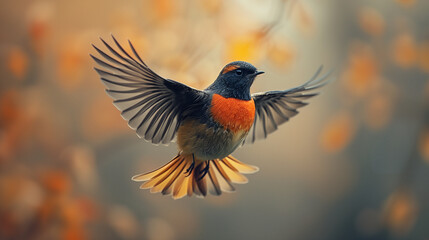Fototapeta premium Black and orange bird in flight, wings spread wide, with autumn leaves blurred in the background.