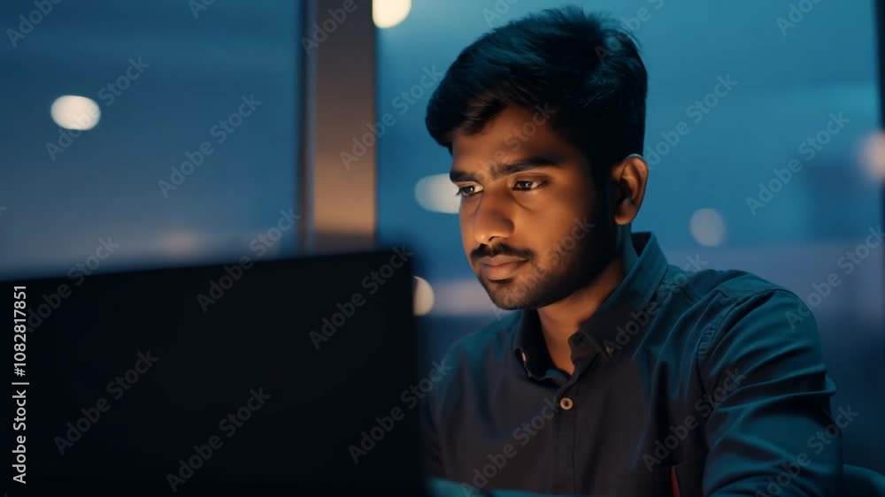 Poster young man focused on computer work in a modern office setting generative ai