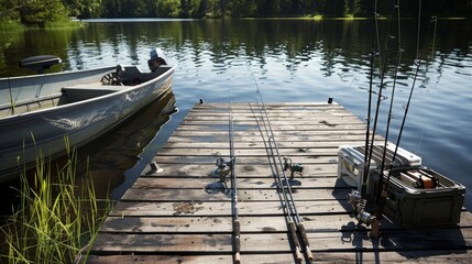 Naklejka premium Carefully set up fishing equipment on a tranquil lake dock, rods and tackle boxes arranged beside a boat, Calm waterside activity style