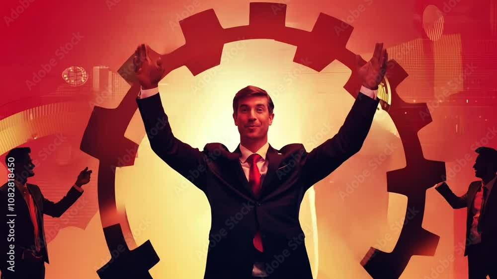 Poster businessman embracing teamwork and success in a dynamic office setting generative ai