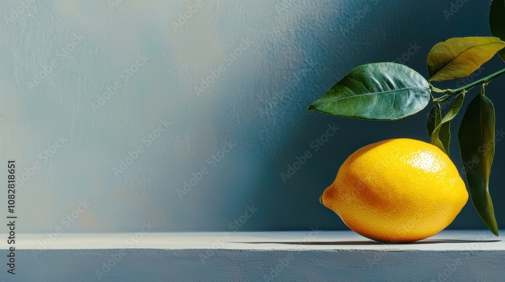Poster a lemon is sitting on a table with a leaf on top of it