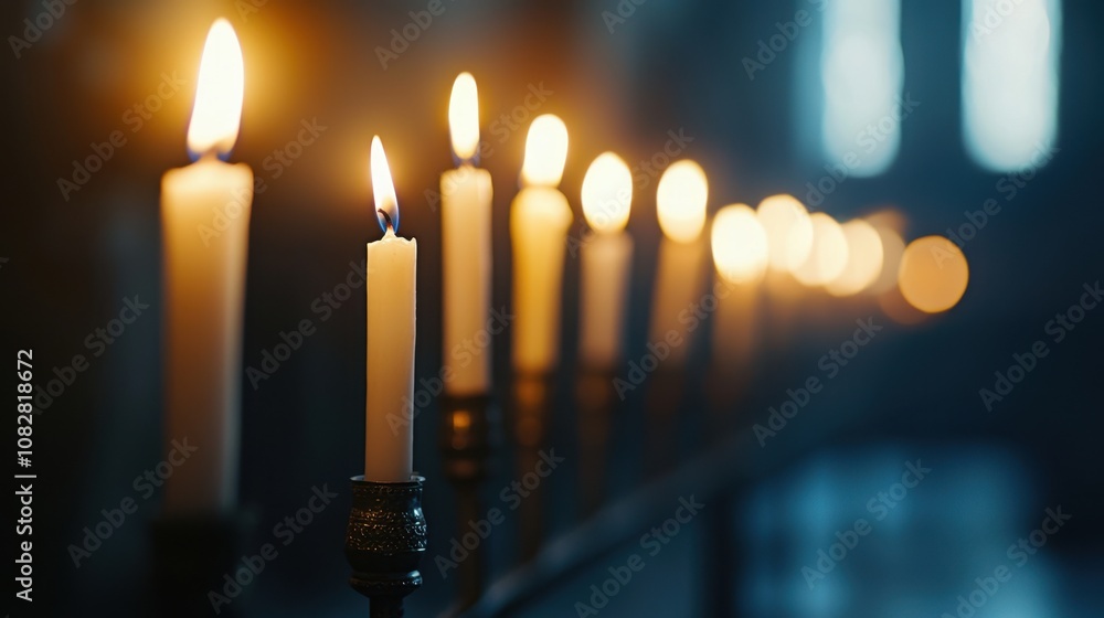 Poster a row of candles are lit, creating a warm and inviting atmosphere