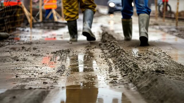 The ground is soaked from days of heavy rain making it difficult to pour concrete and causing delays in the construction process.