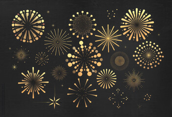Gold festive fireworks. Christmas pyrotechnics firecracker vecto
