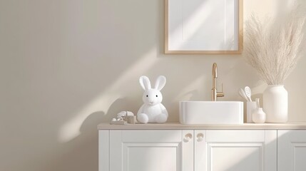 Charming bathroom decor featuring a playful rabbit statue and elegant fixtures.