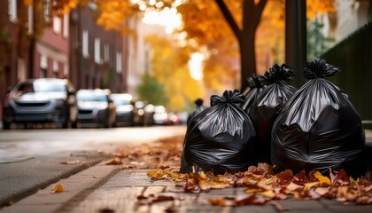 autumn leaves and waste in black bags in the street