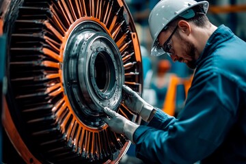 Technician meticulously inspecting turbine components in an industrial workshop. Generative AI