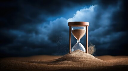 An hourglass partially submerged in sand, with only the top portion visible, representing the passage of time and the inevitability of change.