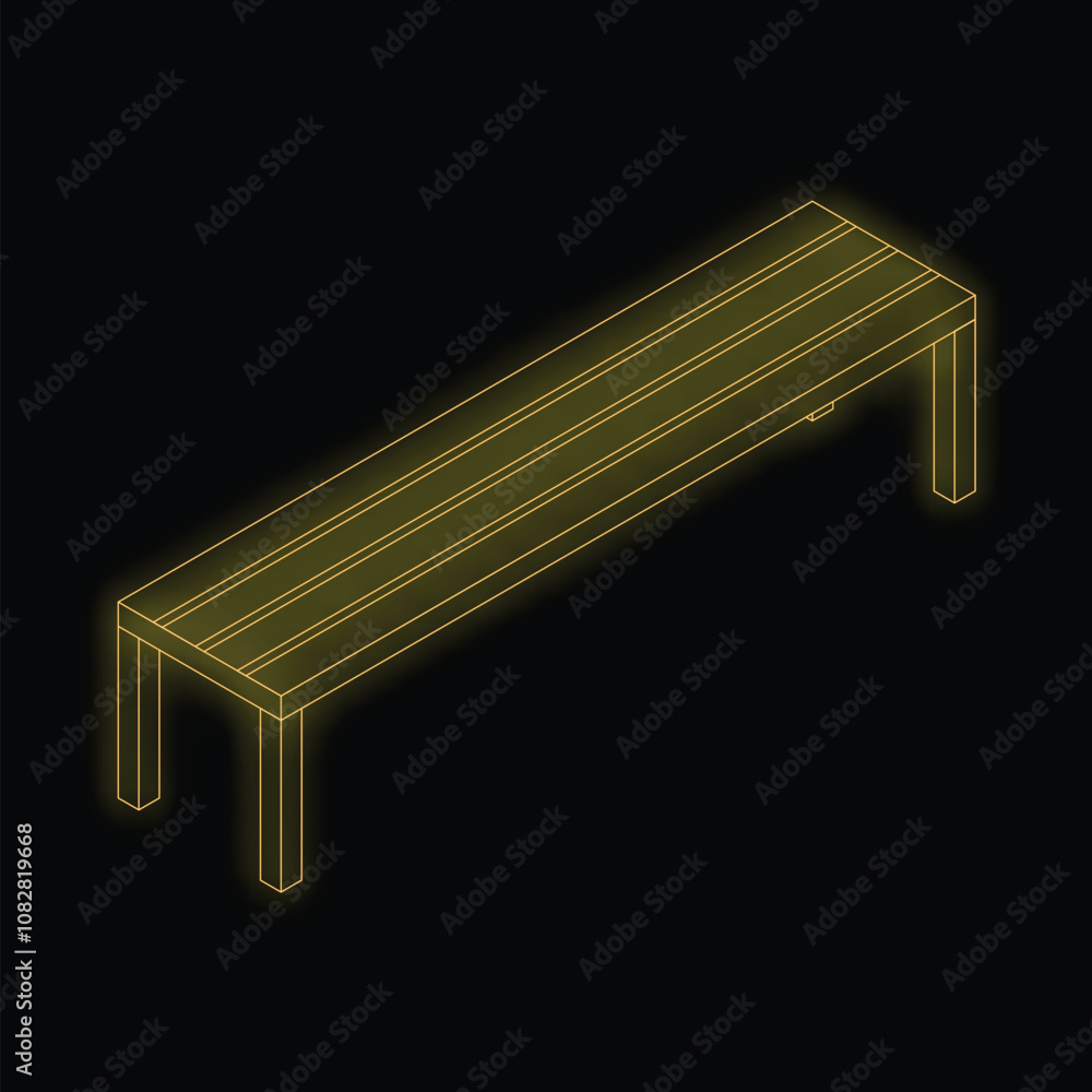 Poster golden bench wireframe glowing on black background, digital design element for urban design or archi