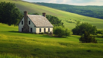 Fototapeta premium A rustic farmhouse with a stone chimney, nestled in rolling green hills.