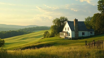 Obraz premium A rustic farmhouse with a stone chimney, nestled in rolling green hills.