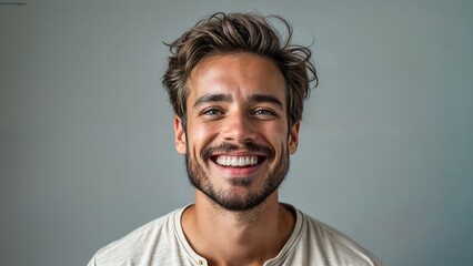 Obraz premium Handsome Man Smiling Genuinely in Denim Shirt, Casual and Confident Look