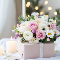 Obraz premium stylish and fresh bouquet of pink and white flowers in gift box, surrounded by soft candlelight, creating warm and inviting atmosphere