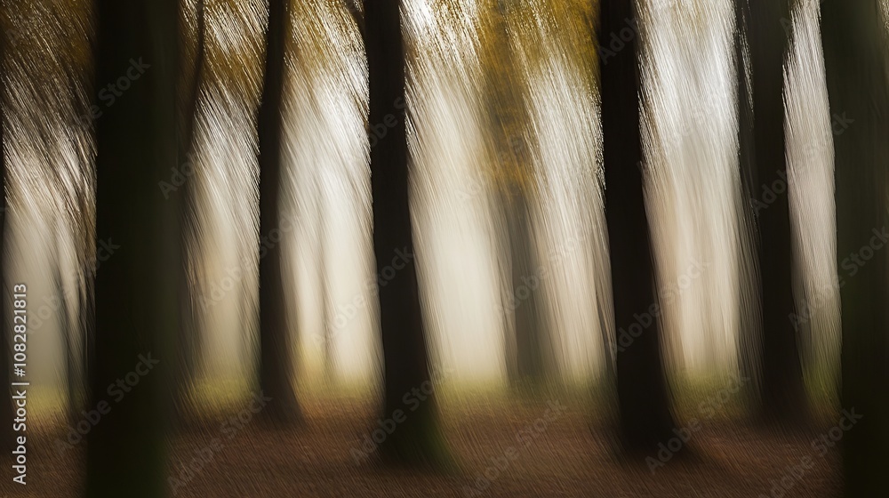 Poster a dreamy, blurred image of a forest, showcasing the tall trees in soft focus. the sunlight filters t