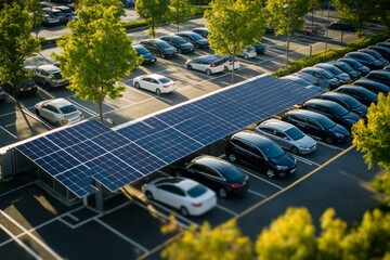 Aerial view of solar panels over a parking lot sheltering electric cars from sunlight while promoting environmental sustainability