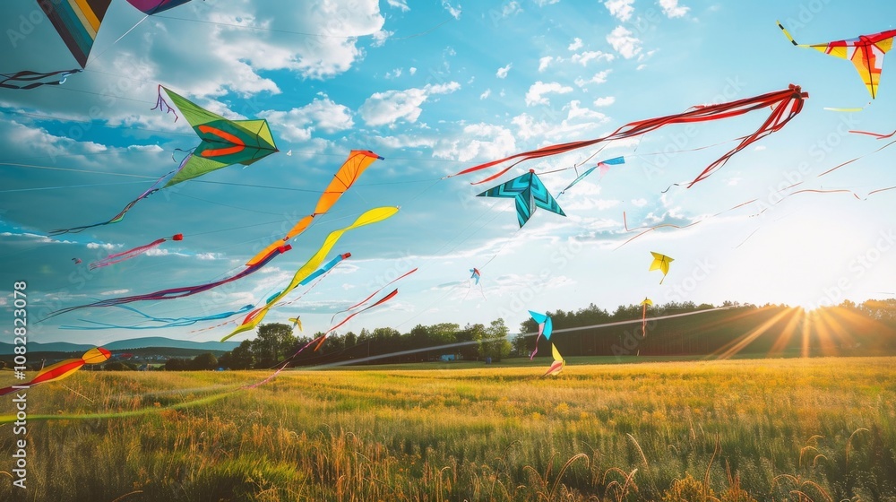 Poster meticulously organized kite flying setup in a breezy open field, colorful kites and strings laid out