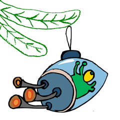 Rocket with an alien creature inside, depicted as a delightful Christmas tree ornament in a vector drawing.
