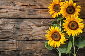 Obraz premium Sunflowers on wooden background with copy space for your text.