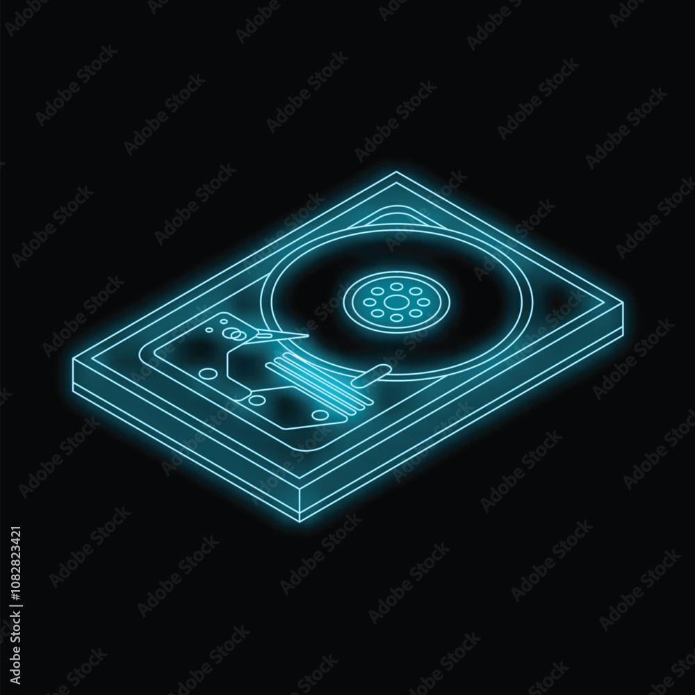 Poster neon glowing hard disk drive illustrating data storage concept