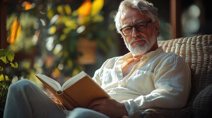 Peaceful Retirement Reading: An elderly gentleman with a contemplative gaze enjoys a sunny afternoon reading a book in a wicker chair.  The scene evokes tranquility and the simple pleasures of life.