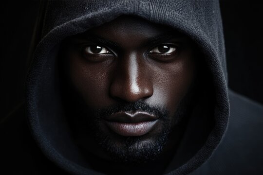 Portrait of African American man with hood over a black background