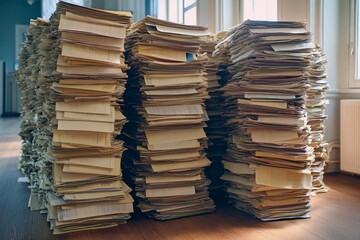 Stacks of aged documents fill a bright room in an abandoned building. Generative AI