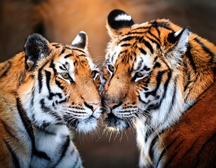 Tiger and tigress loving each other in jungle.