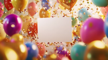 realistic image of a centered white card in blank with gold confetti and many colorful balloons surrounding it very festive and joyful cinematic light, AI Generative
