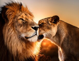 Male lion and lioness loving each other in jungle, wildlife concept.