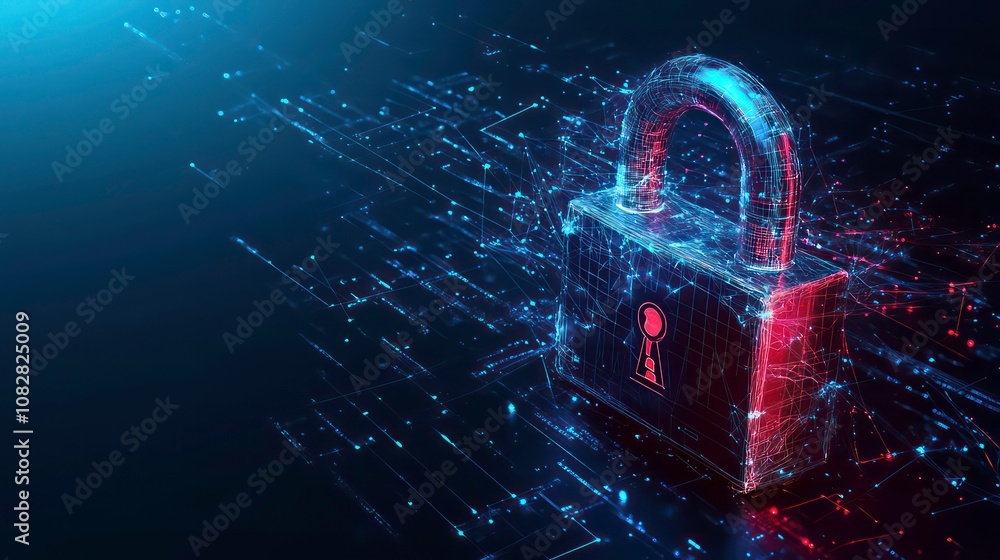 Poster a glowing digital padlock sits in a field of binary code, representing digital security and protecti