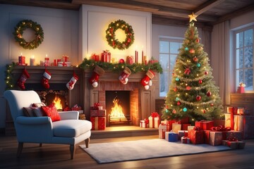 Christmas Tree In Red Shiny Glittering Background - Baubles Hanging On Fir With Abstract Lights