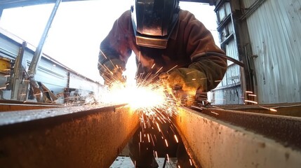 A welder in protective gear, sparks cascading as they join metal beams.