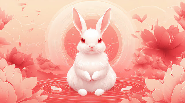 Chinese style cute divine god rabbit surrounded with halo. Divine. Illustration