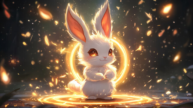 Chinese style cute divine god rabbit surrounded with halo. Divine. Illustration