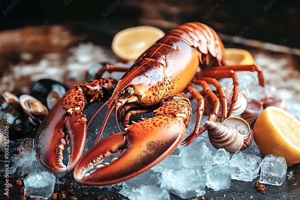 Poster whole cooked lobster is presented on a bed of ice, surrounded by various shellfish and lemon wedges,