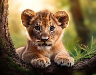 Portrait of a lion cub, Close-up of a baby lion sitting in the heart of the wild.