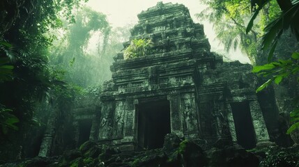 An ancient stone temple surrounded by lush jungle foliage.