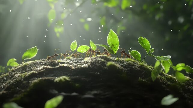 An ant colony working together to carry leaves to their nest, symbolizing teamwork.
