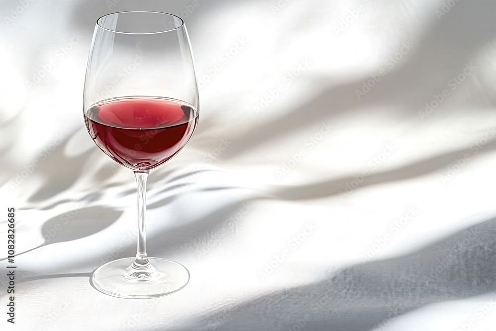 Poster elegant glass of red wine standing on a white surface with beautiful shadows creating a sophisticate